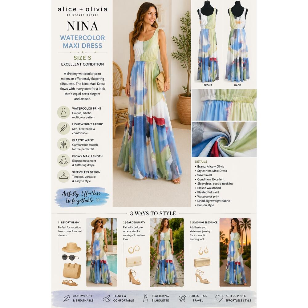 Alice + Olivia Nina Watercolor Maxi Dress Women S  Sleeveless Pleat Boho Coastal